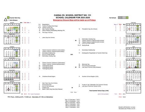 Cassia County School District Calendar 25 26 Revised Pdf Educounty